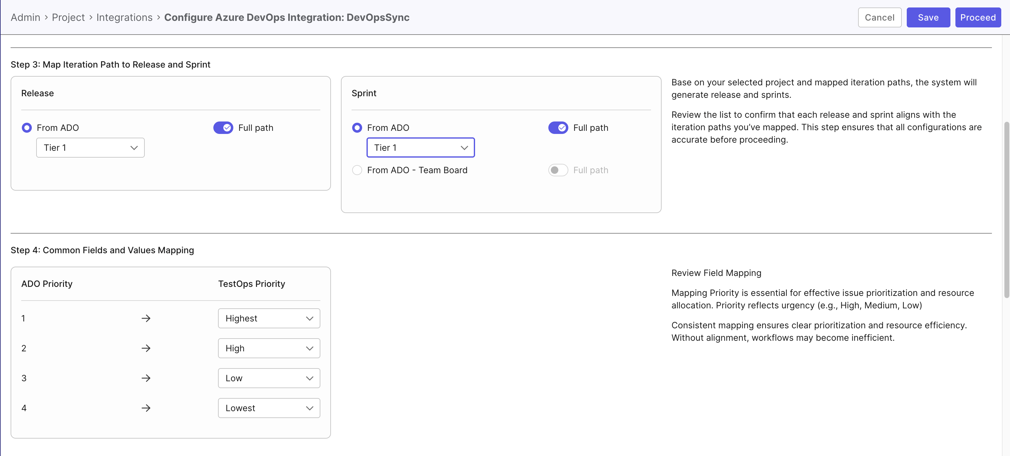 The Azure DevOps integration iteration path in Katalon TestOps.